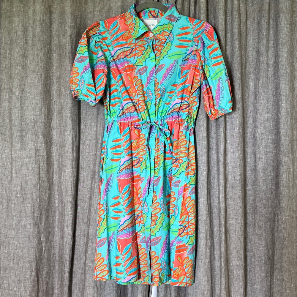 Colorful shirt dress with cinched tie waist size Med